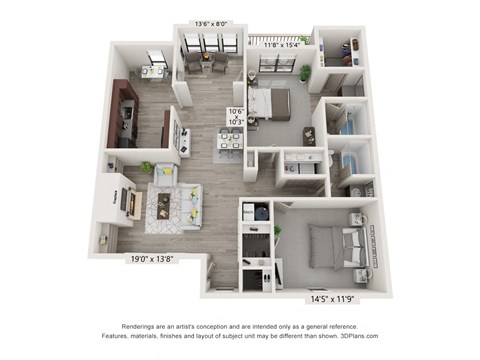 Floor plan for 2 beds, 2 baths, 1355 sqft